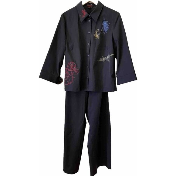 Simon Chang Other - Simon  Chang Pants And Top Set Women Sz 16 Black Geometric Embroidered Designer